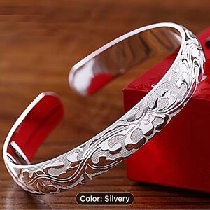 Silver Floral Engraved Cuff Bracelet - Elegant Women's Jewelry